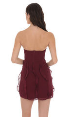 Chiffon Rosette Ruffle Dress in Burgundy
