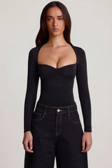 Soft Jersey Sweetheart Ruched Long-Sleeve Top in Black