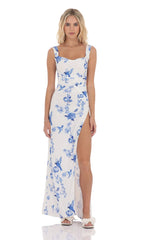 Floral Open Back Bow Maxi Dress in White