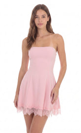 Strapless Dress with Lace-trim Hem in Pink