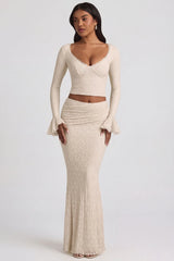 Draped Low-Rise Lace Maxi Skirt in Ivory