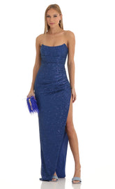 Sequin Corset Maxi Dress in Blue
