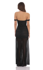 Mesh Off Shoulder Ruched Maxi Dress in Black