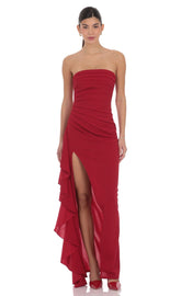 Strapless Ruched Ruffle Maxi Dress in Maroon