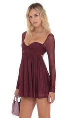 Foil Long Sleeve Babydoll Dress in Burgundy