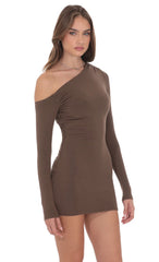 Off Shoulder Long Sleeve Dress in Taupe