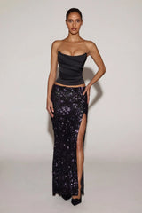 Embellished Mid-Rise Thigh-Split Maxi Skirt in Black Purple