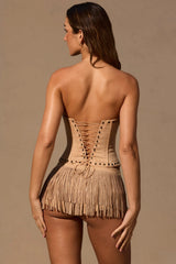 Fringed Low-Rise Mini Shorts in Tan