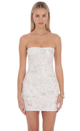 Sequin Strapless Mini Dress in White