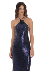 Sequin Florette Halter Maxi Dress in Navy