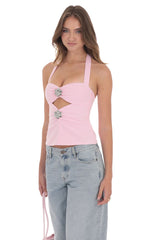 Cutout Floral Embellished Top in Pink