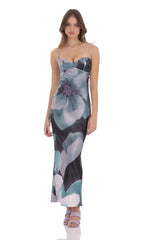 Floral Back Tie Maxi Dress in Dark Teal