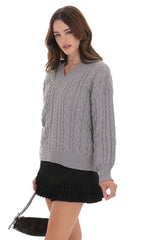 Cable Knit V-Neck Jumper in Grey