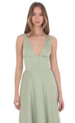 Satin Plunge Neck Corset Maxi Dress in Sage