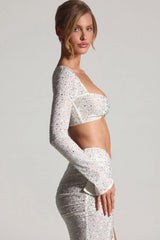 Embellished Long-Sleeve Crop Top in White