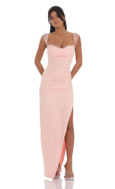 Draped Lace Maxi Dress in Pink