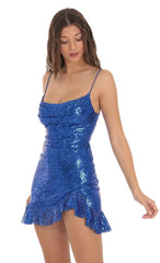 Sequin Ruffled Slit Dress in Blue