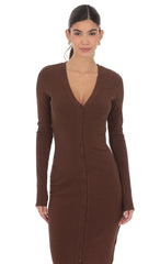 Button Down Ribbed Maxi Dress in Brown
