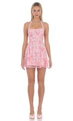 Embellished Halter Mini Dress in Pink