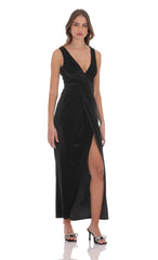Velvet V-Neck Slit Maxi Dress in Black