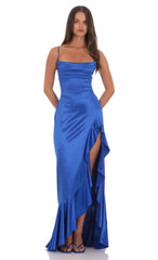 Satin Ruffle Maxi Dress in Royal Blue