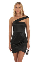 Satin One Shoulder Dress in Black