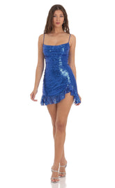 Sequin Ruffled Slit Dress in Blue
