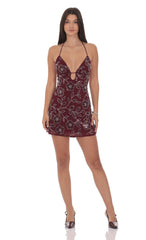 Floral Sequin Beaded Dress in Burgundy