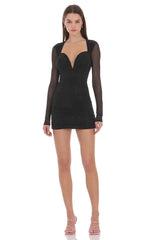 Rhinestone Mesh Long Sleeve Mini Dress in Black