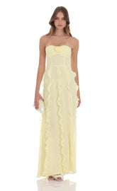 Chiffon Rosette Ruffle Maxi Dress in Yellow