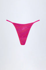 Embellished Thong Bikini Bottoms in Pink Tropical Print