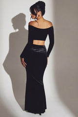 Velvet Mid-Rise Maxi Skirt in Jet Black