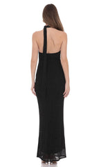 Scarf Ribbed Rhinestone Maxi Dress in Black