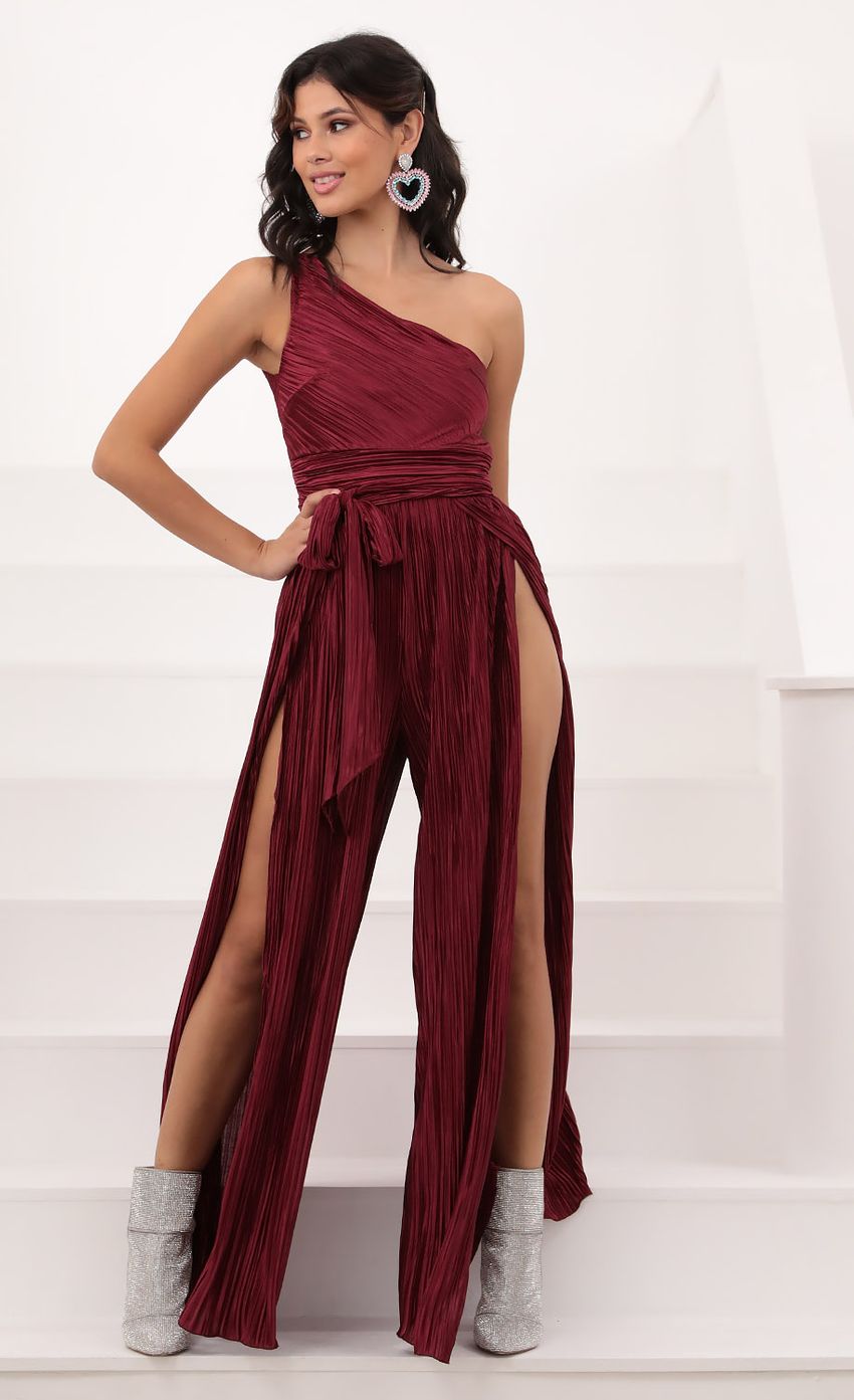 Shimmer One Shoulder Jumpsuit in Burgundy