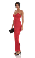 Satin Front Bow Maxi Dress in Red
