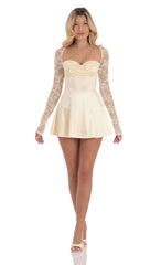 Satin Lace Sleeve Dress in Yellow Cream