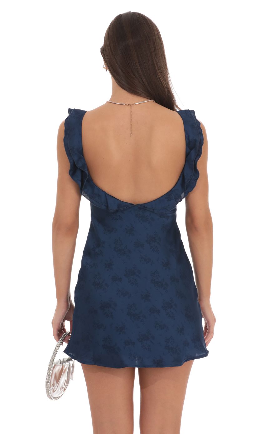 Satin Floral Open Back Slip Dress in Navy
