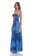 Mesh Floral Cutout Maxi Dress in Blue