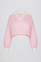 Cotton Jersey Oversized V-Neck Jumper in Powder Pink