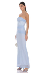 Mesh Strapless Corset Maxi Dress in Light Blue