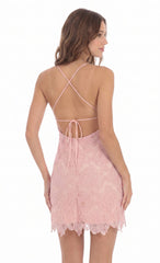Floral Lace Open Back Mini Dress in Pink