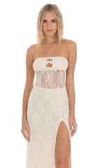 Lace Cutout Strapless Maxi Dress in Cream