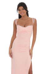 Draped Lace Maxi Dress in Pink
