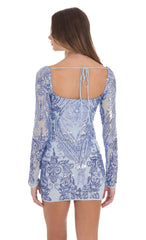 Sequin Pattern Long Sleeve Dress in Blue