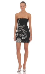Silver Floral Sequin Mini Dress in Black