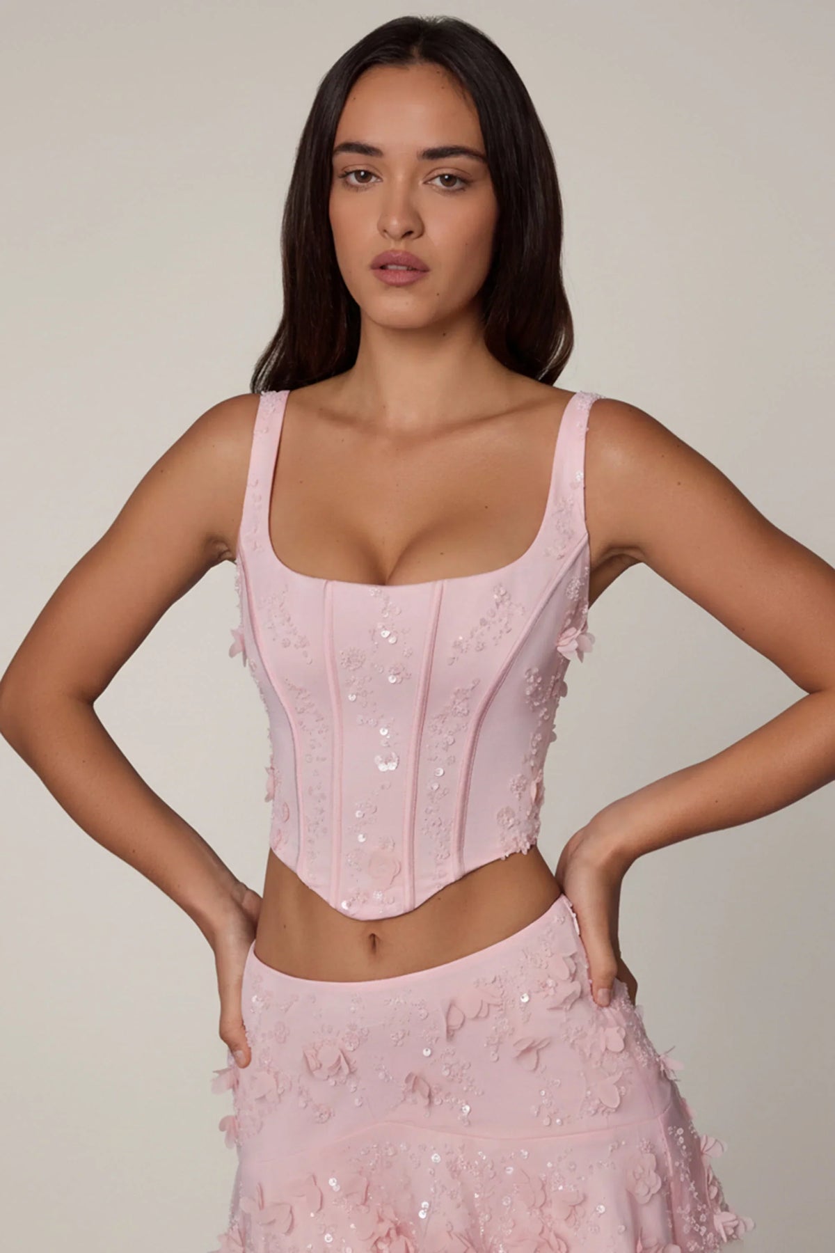 Embellished Lace-Up Corset Top in Soft Pink