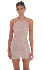 Sequin Ruffle Halter Bodycon Dress in Mauve