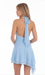Ruched Cowl Halter Mini Dress in Powder Blue