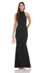 Mock Neck Bow Maxi Dress in Black