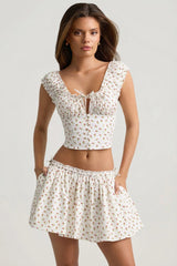 Ruched Cotton-Poplin Mini Skirt in Rose Print